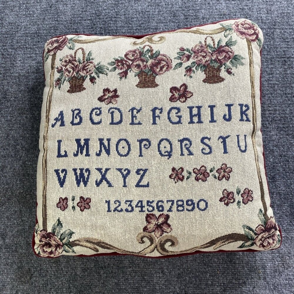Vintage Tapestry ABCs Throw Pillow Alphabet 123s Floral Sampler Teacher Nursery
